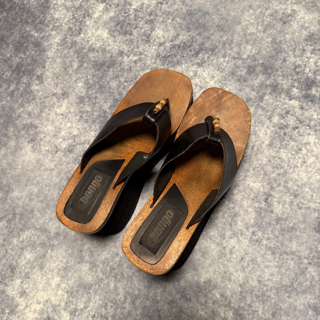 Bongo Wooden Platform Wedge Sandals Black Leather Beaded Brazil Size 8