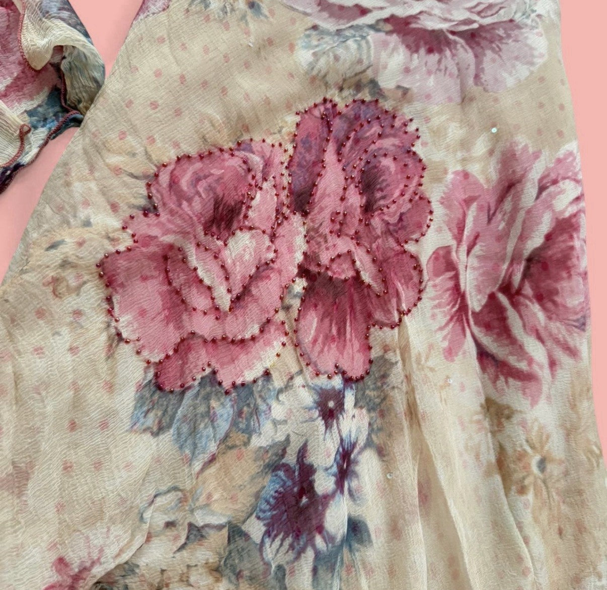 Rene Derhy Beige Floral Embellished Top and Skirt Set Large