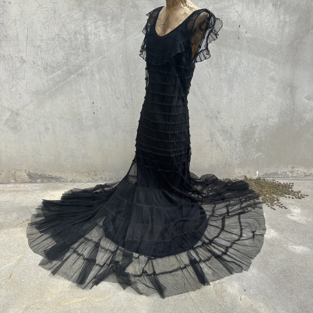 Vintage 1930s Black Mesh Net Gown Ruffles Low Back Bias Cut Art Deco Maxi Dress