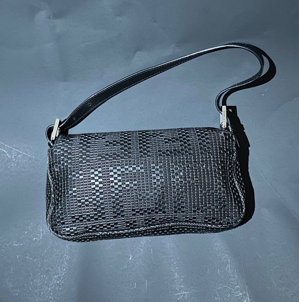 FENDI Baguette Black Woven Zucca Monogram Shoulder Bag