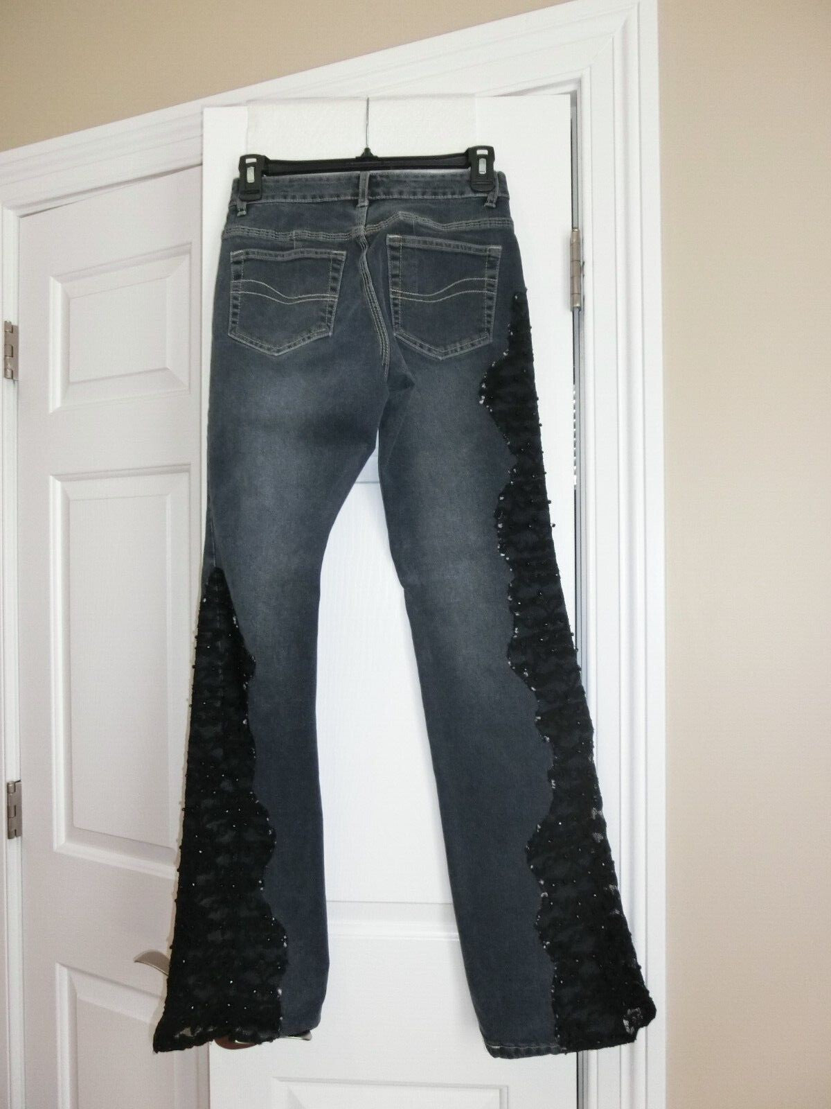 Cache Bootcut Jeans Black Lace Beaded Asymmetric Design Size 0