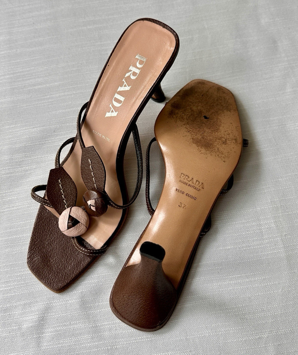 Vintage 90s 2000s PRADA Leather Rosebud Brown Pink Kitten Heels Sandals Size 37