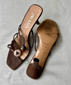 Vintage 90s 2000s PRADA Leather Rosebud Brown Pink Kitten Heels Sandals Size 37
