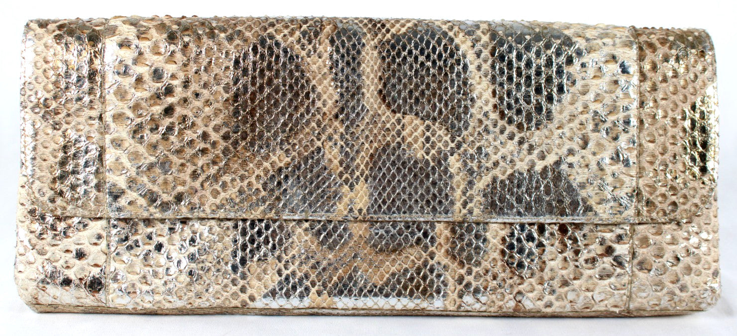 NANCY GONZALEZ Metallic Silver & Gold Python Skin Long Clutch Bag