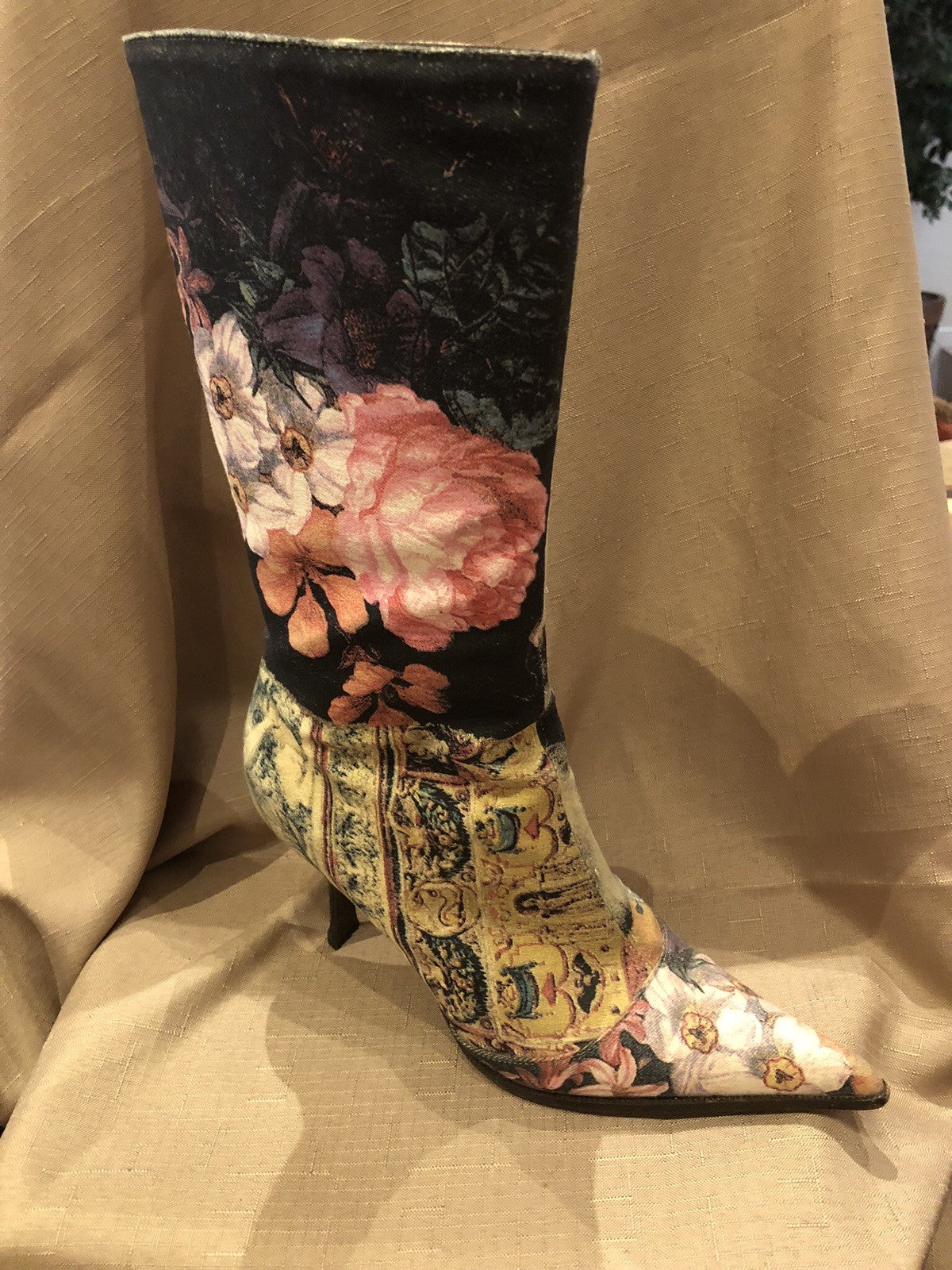 VINTAGE ROBERTO CAVALLI BOOTS PATCHWORK- STILETTO HEEL 71/2 Excellent Condition!