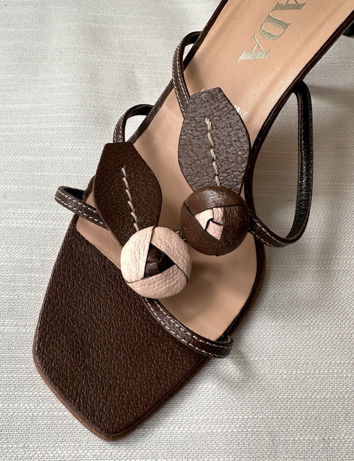 Vintage 90s 2000s PRADA Leather Rosebud Brown Pink Kitten Heels Sandals Size 37