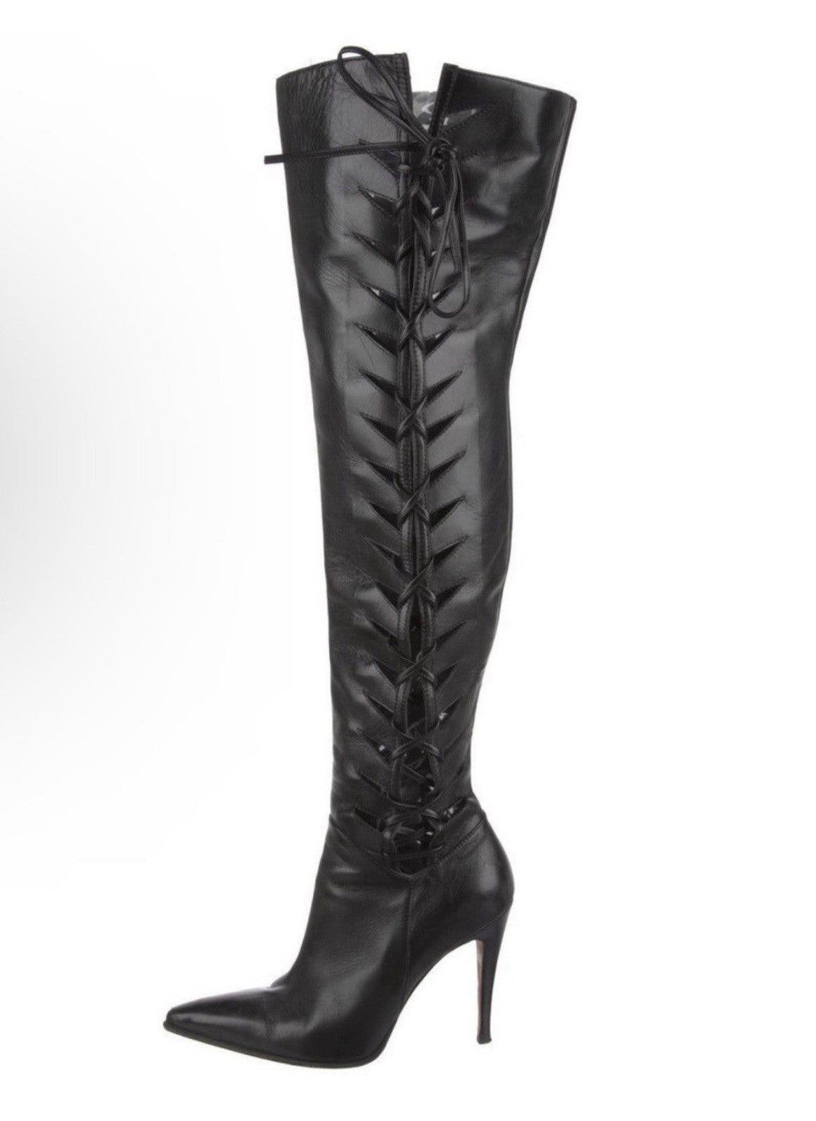 Manolo Blahnik Black Leather Knee High Lace-Up Pointed Toe Boots EU 39