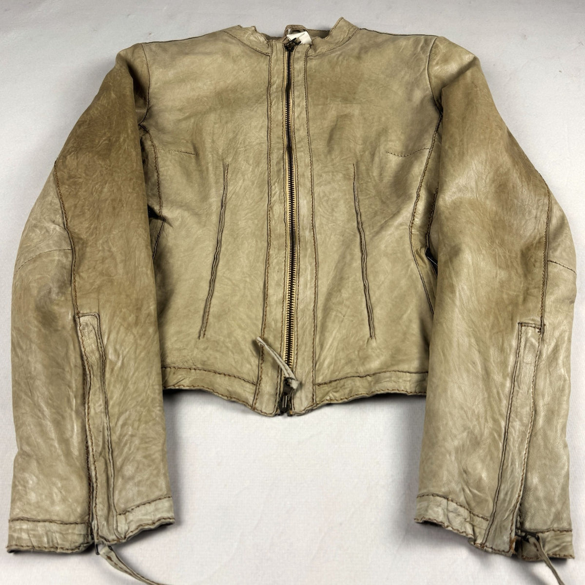 Vintage Beige Genuine Leather Cropped Moto Jacket