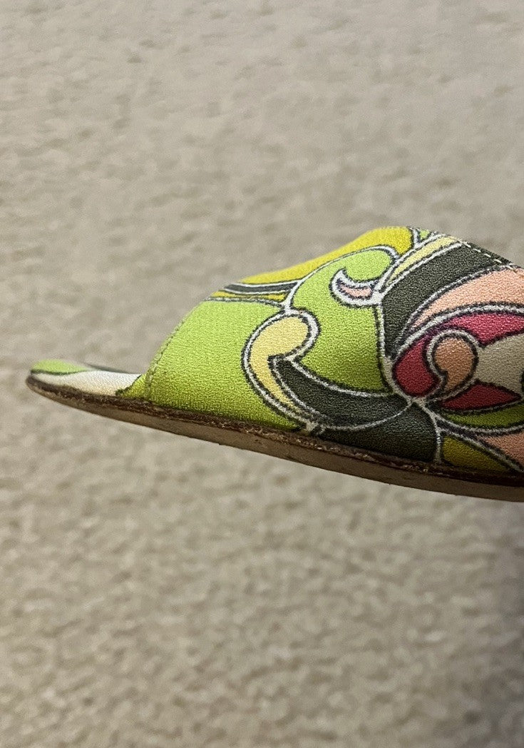 Vintage JIMMY CHOO Green & Pink Open Toe Pucci Print Heels, Made In Italy, 36