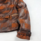 Vintage Brown Plaid Leather Jacket with Fur Collar