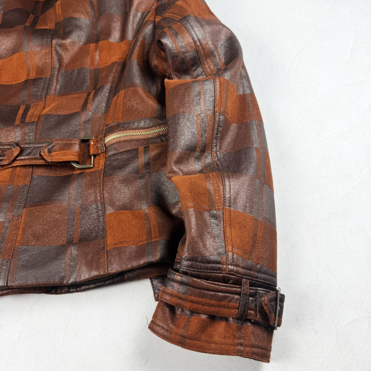 Vintage Brown Plaid Leather Jacket with Fur Collar