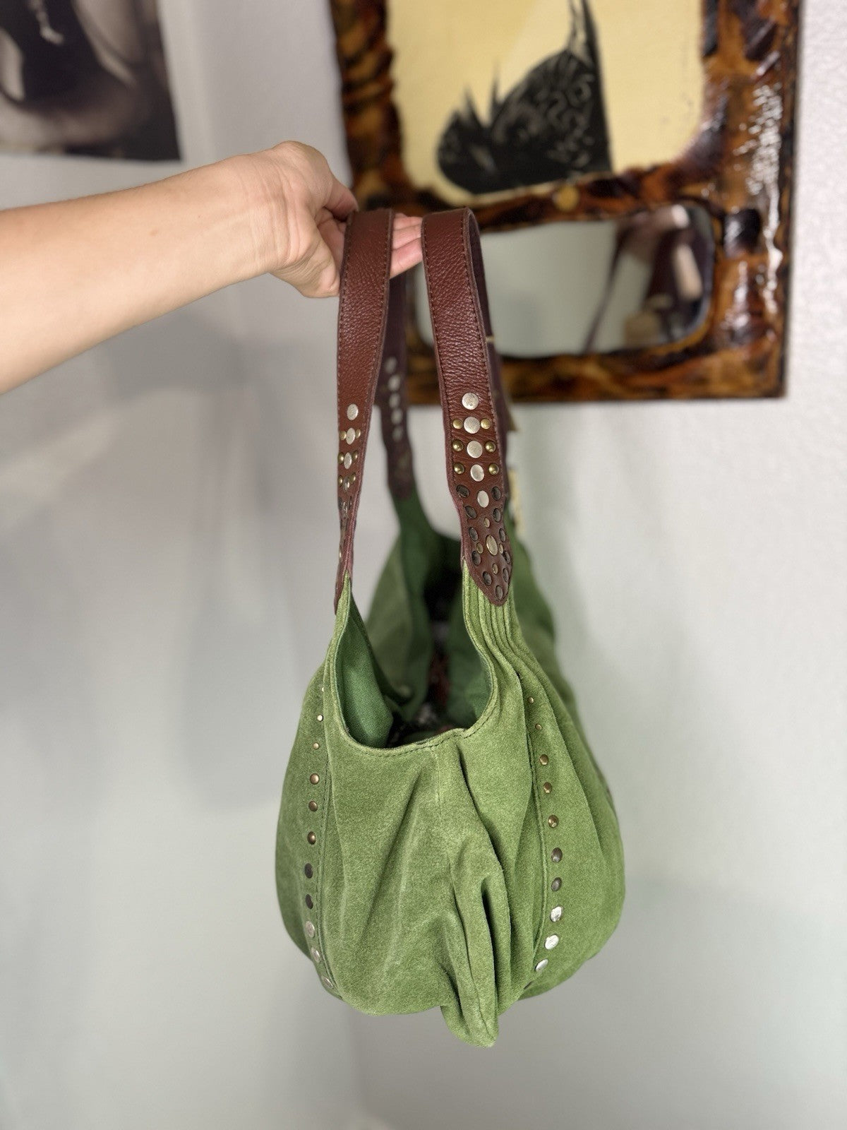 Lucky Brand Y2K Green Suede Studded Hobo Shoulder Bag