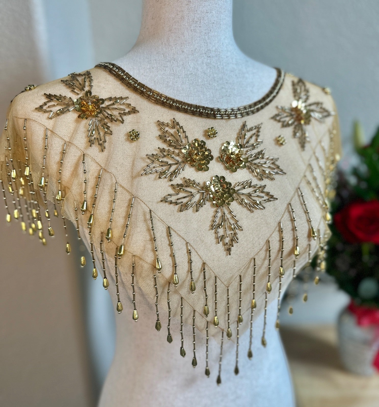 Vintage Gold Beaded Mesh Capelet Fringe Shawl Flapper Evening Collar