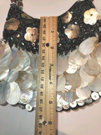 Vintage Black Satin Handbag With mother-of-pearl Shell Fringe & Beads Small 6X7"