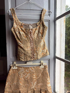 Y2K Brocade Two Piece Set Gold Floral Corset Top and Mini Skirt