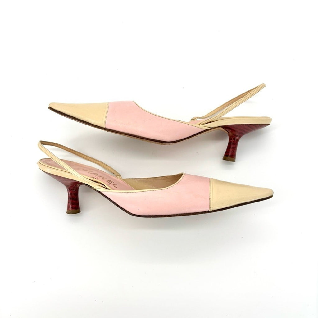 Vintage Chanel Pastel Pink Cap Toe Slingback Kitten Heel Pointed Toe Pumps 36