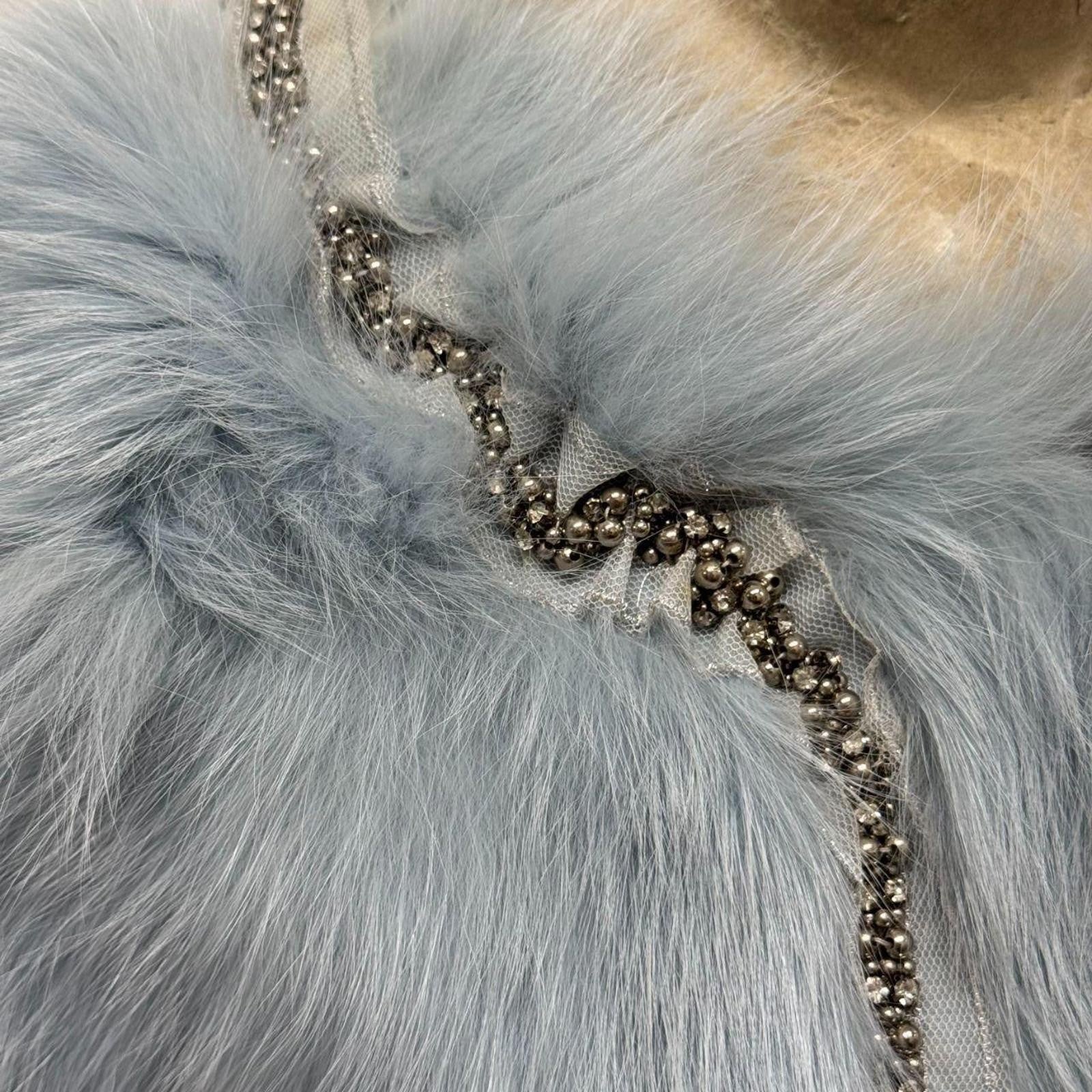 Vintage Y2K Beaded Ice-Blue Fox Fur Cropped Jacket