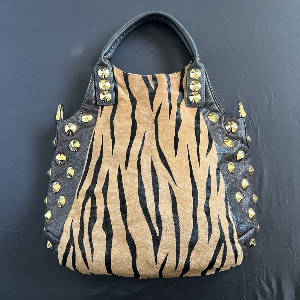 Be&D Studded Animal Print Hobo Bag in Brown and Tan