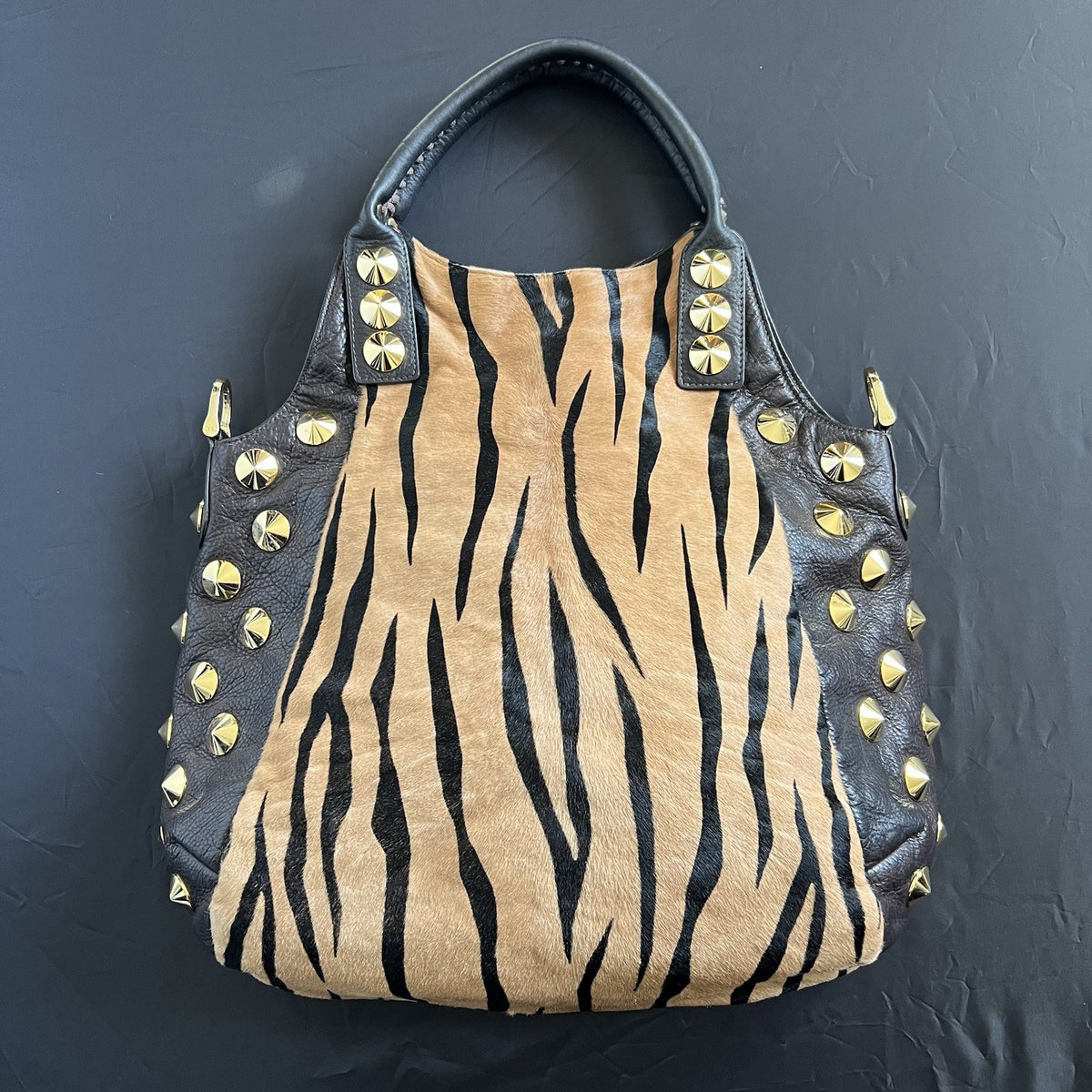 Be&D Studded Animal Print Hobo Bag in Brown and Tan