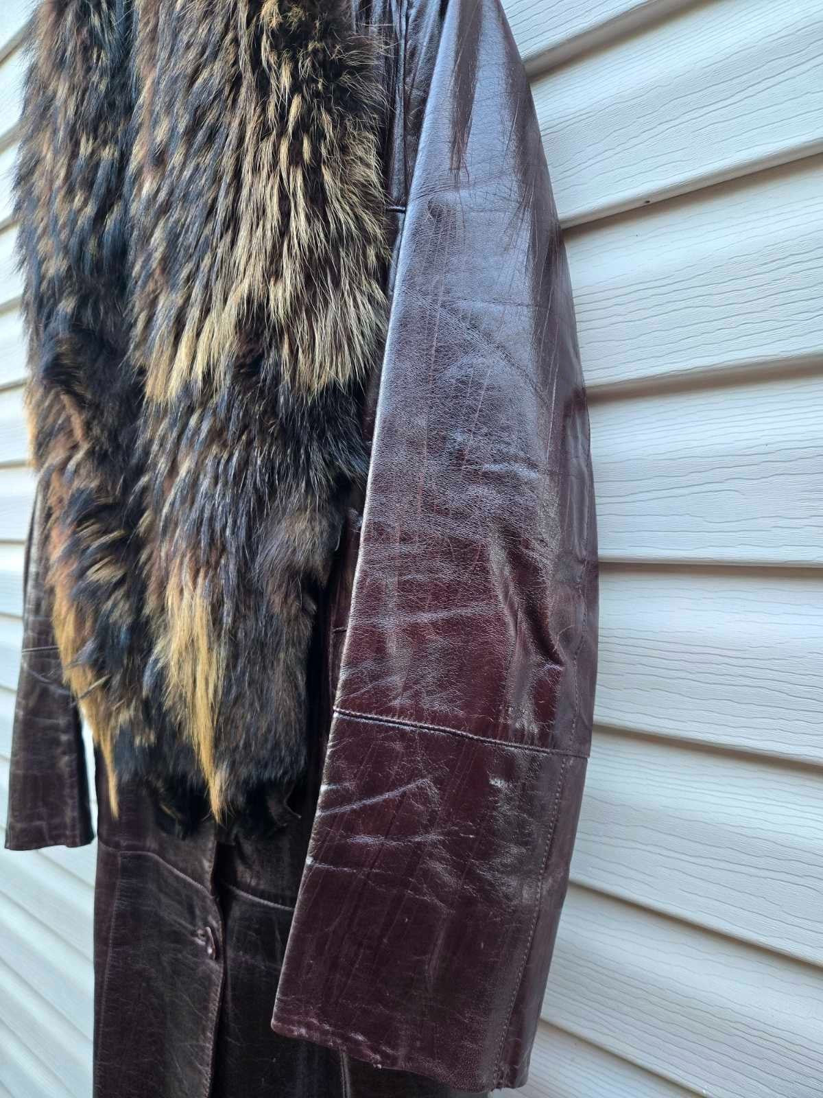 Vintage Long Leather Coat with Removable Fur Collar Brown Women's