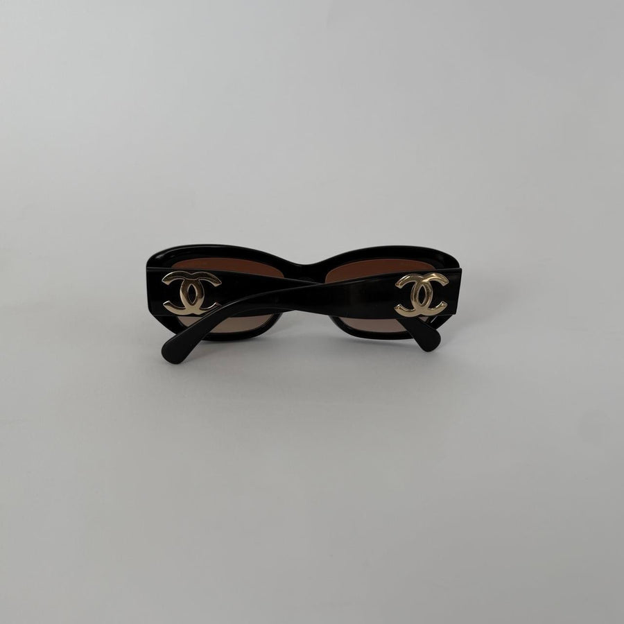Chanel 1990s Oversized Black Sunglasses with Gold CC Hardware