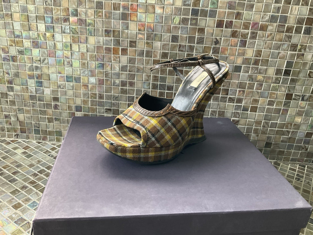 Authentic Prada Plaid  Wedge Platform 100 Vinchy Col Size 37 Brown Leather