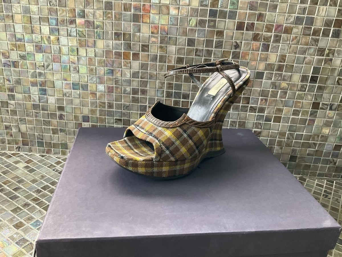 Authentic Prada Plaid  Wedge Platform 100 Vinchy Col Size 37 Brown Leather