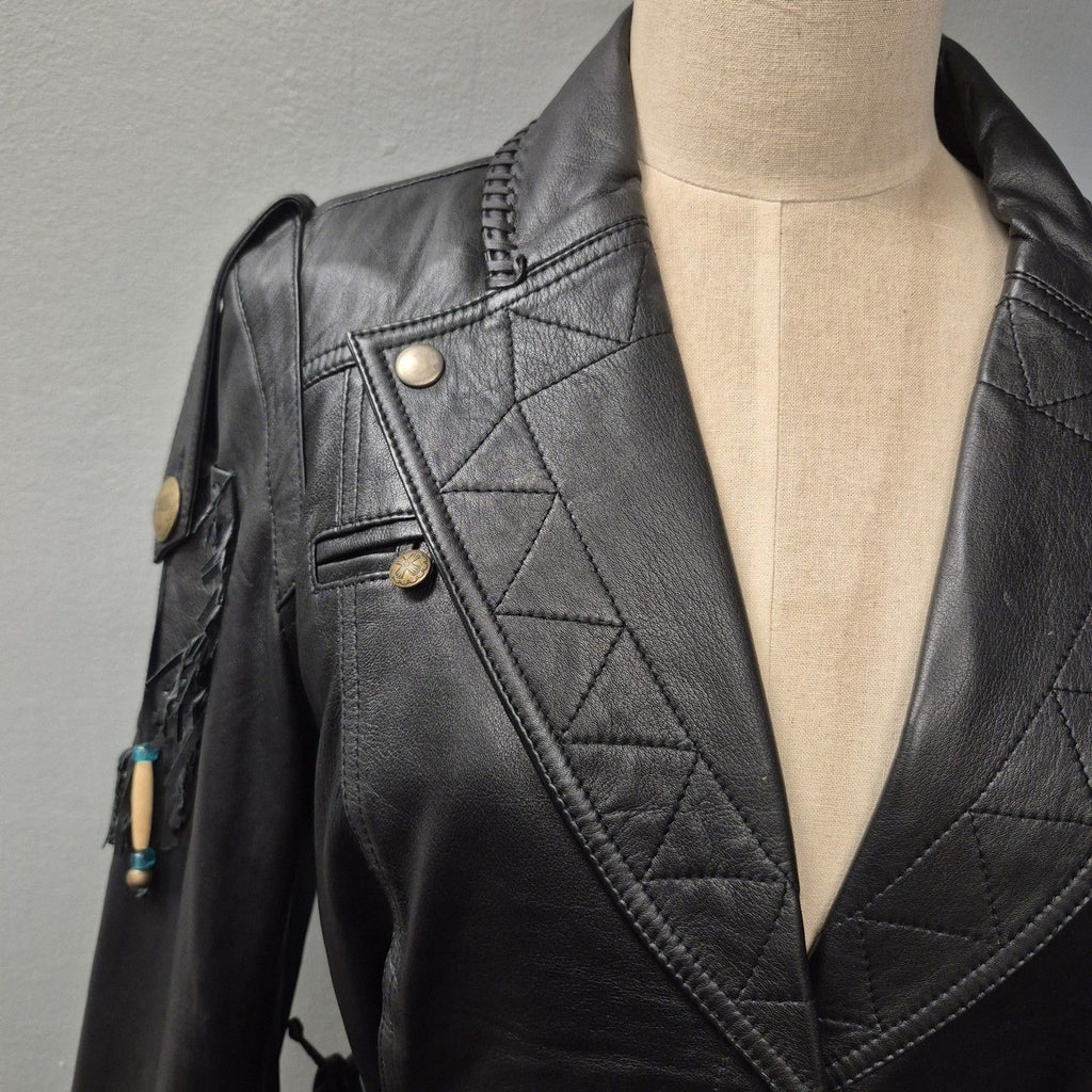Double D Ranch Black Leather Fringe Beaded Moto Western Jacket Medium