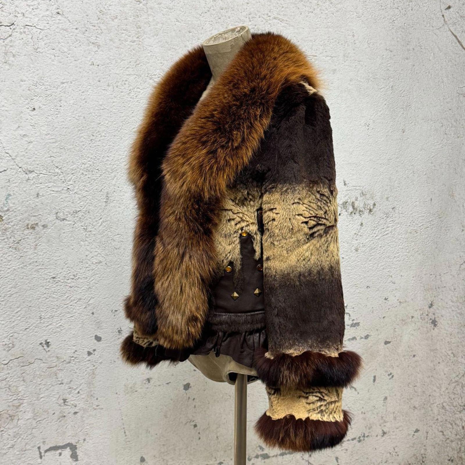 Vintage Brown Y2K Mixed-Media Embellished Real Fur & Leather Jacket