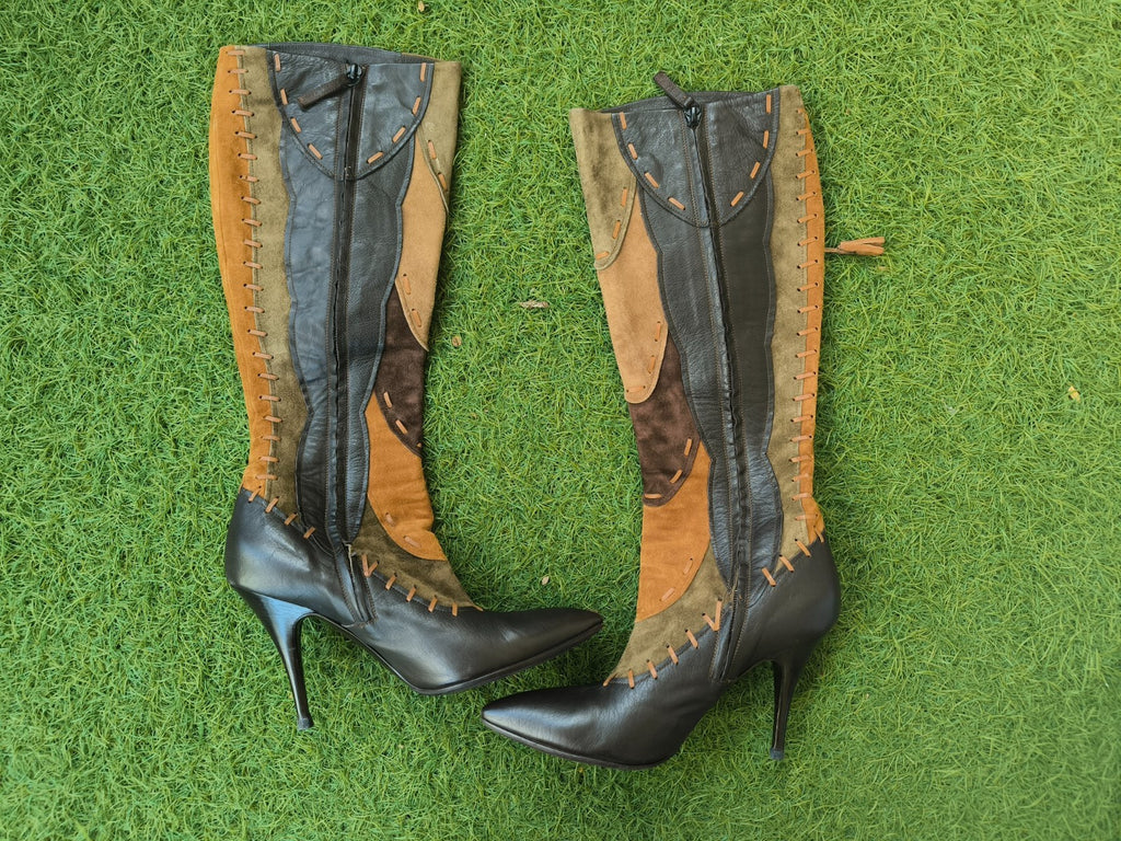 Roberto Cavalli Y2K Leather & Suede Patchwork Boots Size 39.5