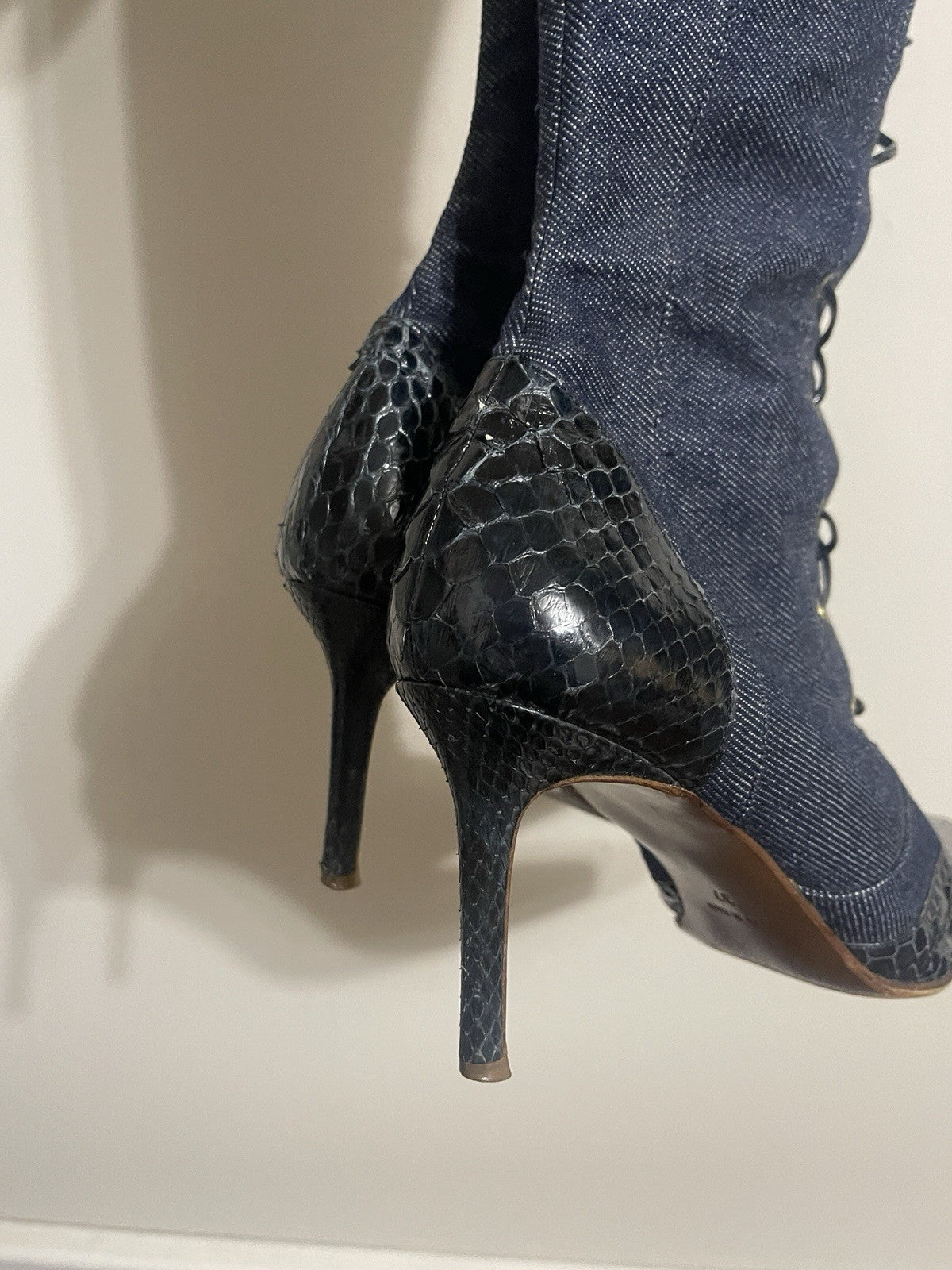 Dior Vintage Y2K Denim & Snakeskin Leather Lace Up Knee High Point Toe Boots