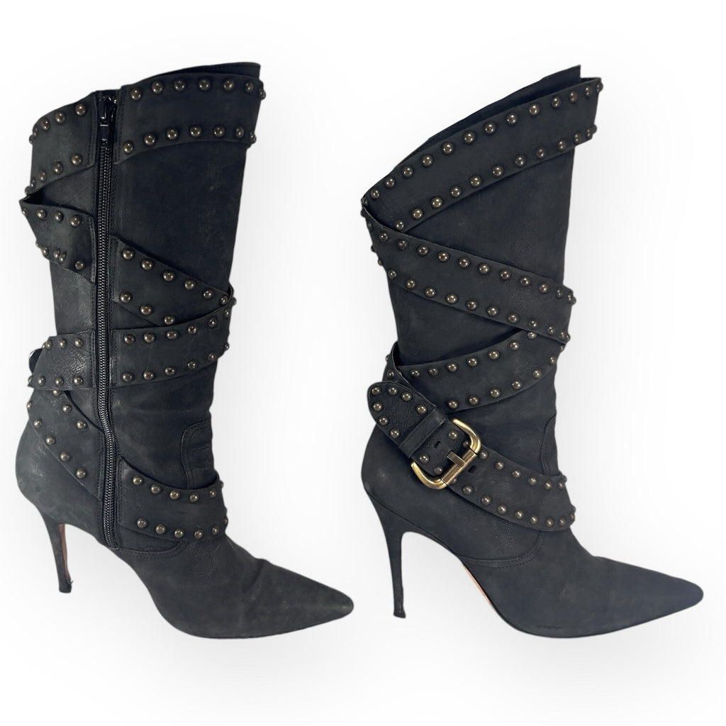 Manolo Blahnik YKK Mid Calf Strap Studded Leather Black Boots Stilettos -  38