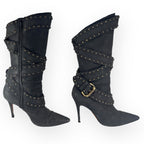 Manolo Blahnik YKK Mid Calf Strap Studded Leather Black Boots Stilettos -  38