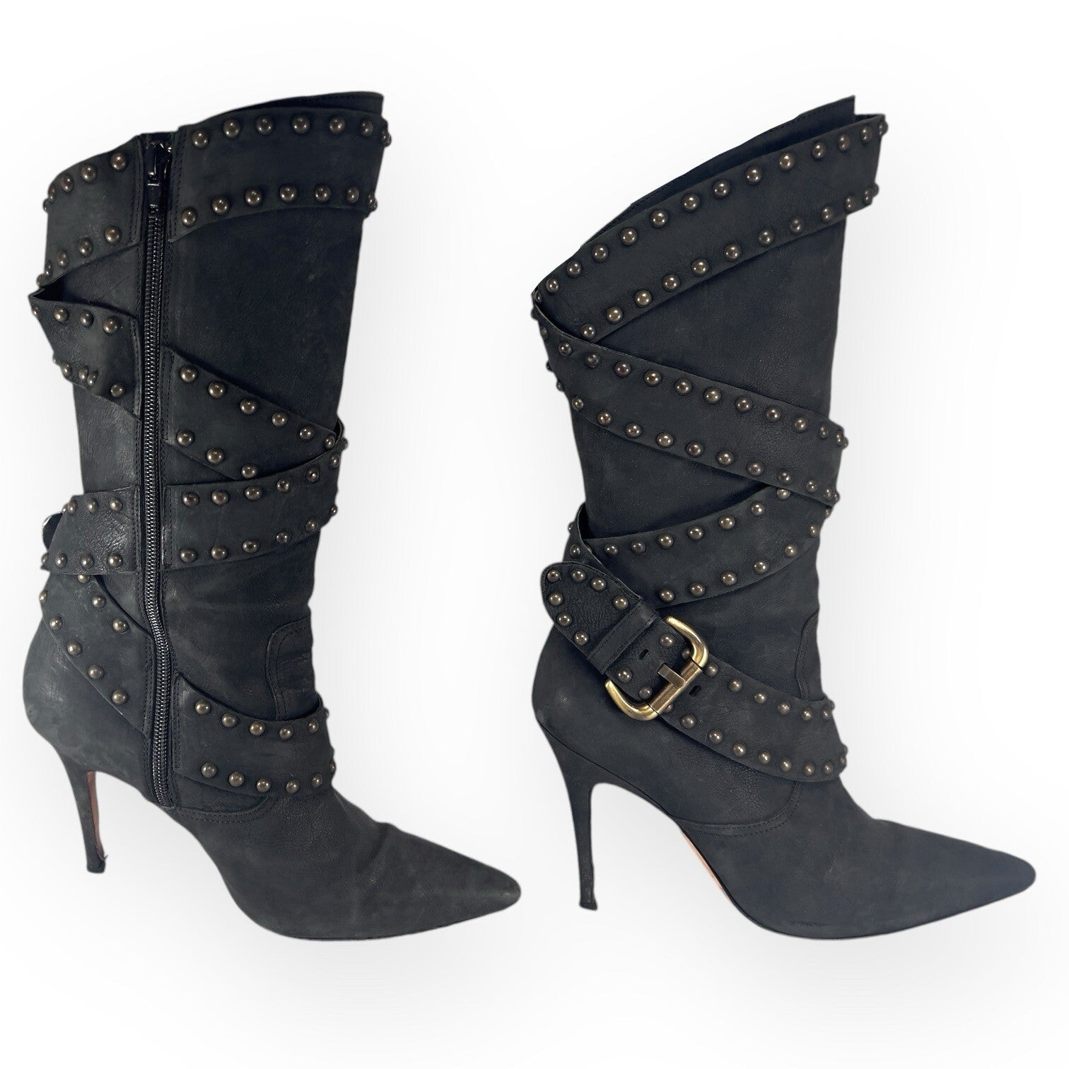 Manolo Blahnik YKK Mid Calf Strap Studded Leather Black Boots Stilettos -  38