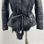 Vintage Y2K Black Leather Quilted Jacket with Faux-Fur Trim