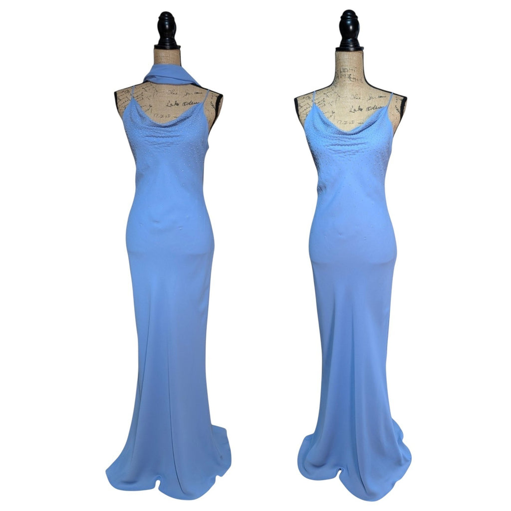90s Y2K Light Cornflower Blue Glass Beaded Bias Cut Slip Dress Size Medium