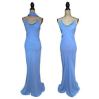 90s Y2K Light Cornflower Blue Glass Beaded Bias Cut Slip Dress Size Medium