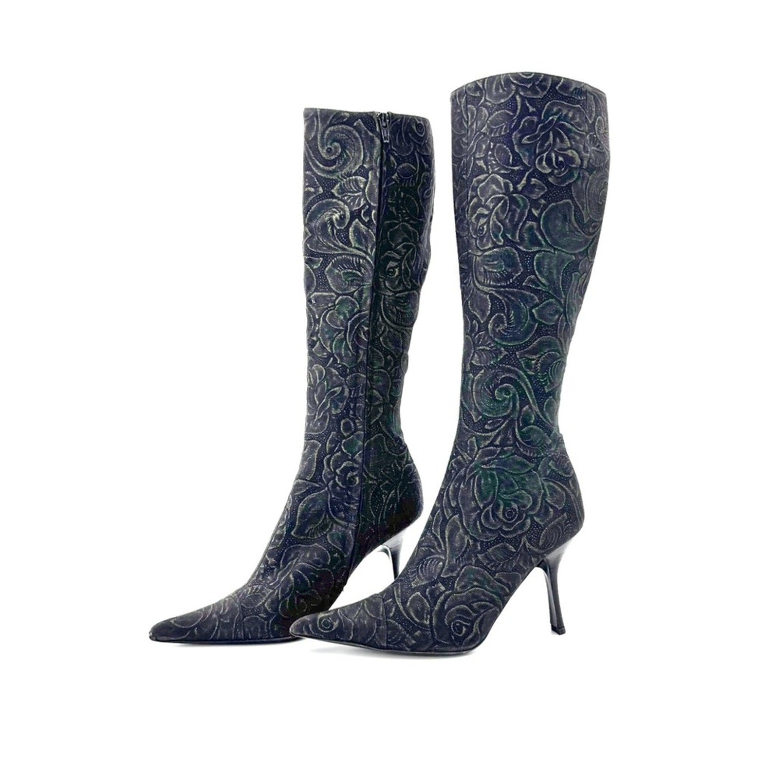 Vintage Roberto Cavalli Denim Floral Print Knee High Pointed Toe Boots 37.5