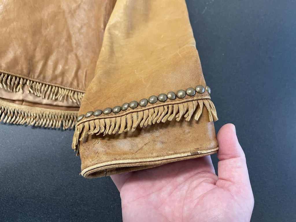 Double D Ranch Leather Jacket Brown Fringe Studded Western Medium