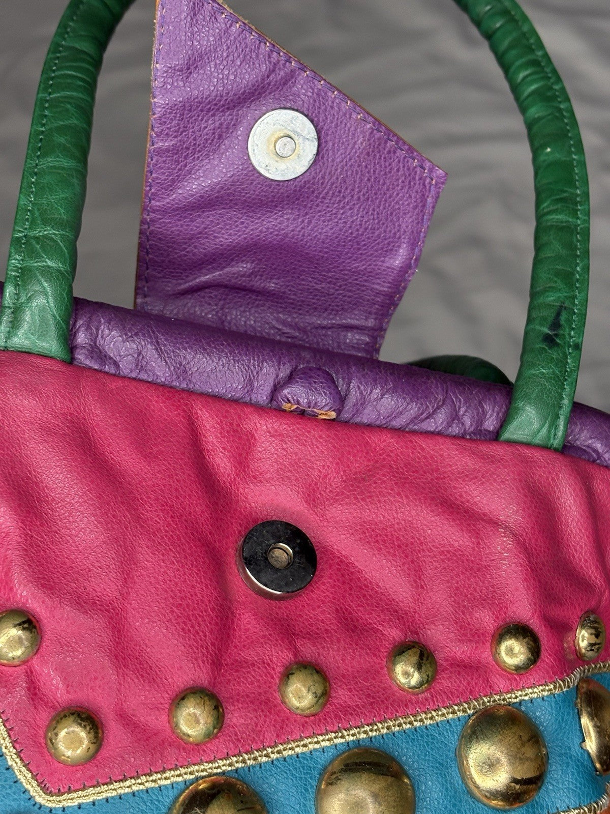 Vintage 1980s Patchwork Leather Studded Shoulder Bag Multicolor