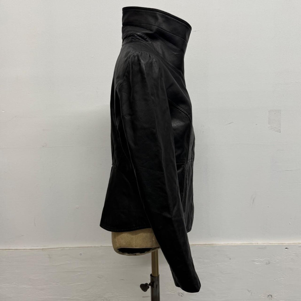 Vintage Black Asymmetric Funnel Neck Leather Jacket