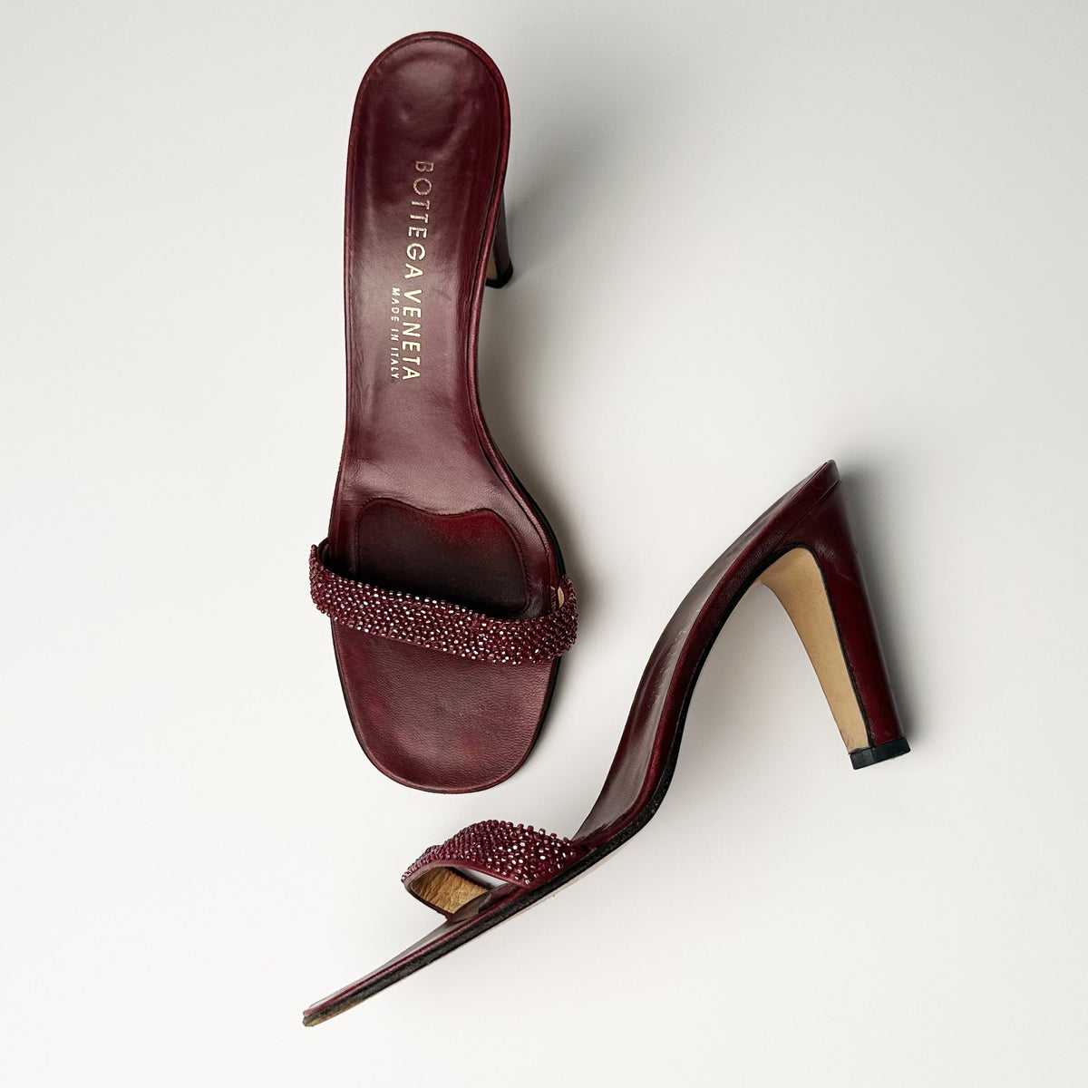 Bottega Veneta 1990s Burgundy Leather Crystal Mules Size 7.5B