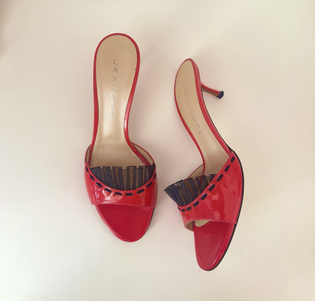 Vintage Casadei Red Patent Leather Kitten Heels Mules Size US 8 - EUR 38