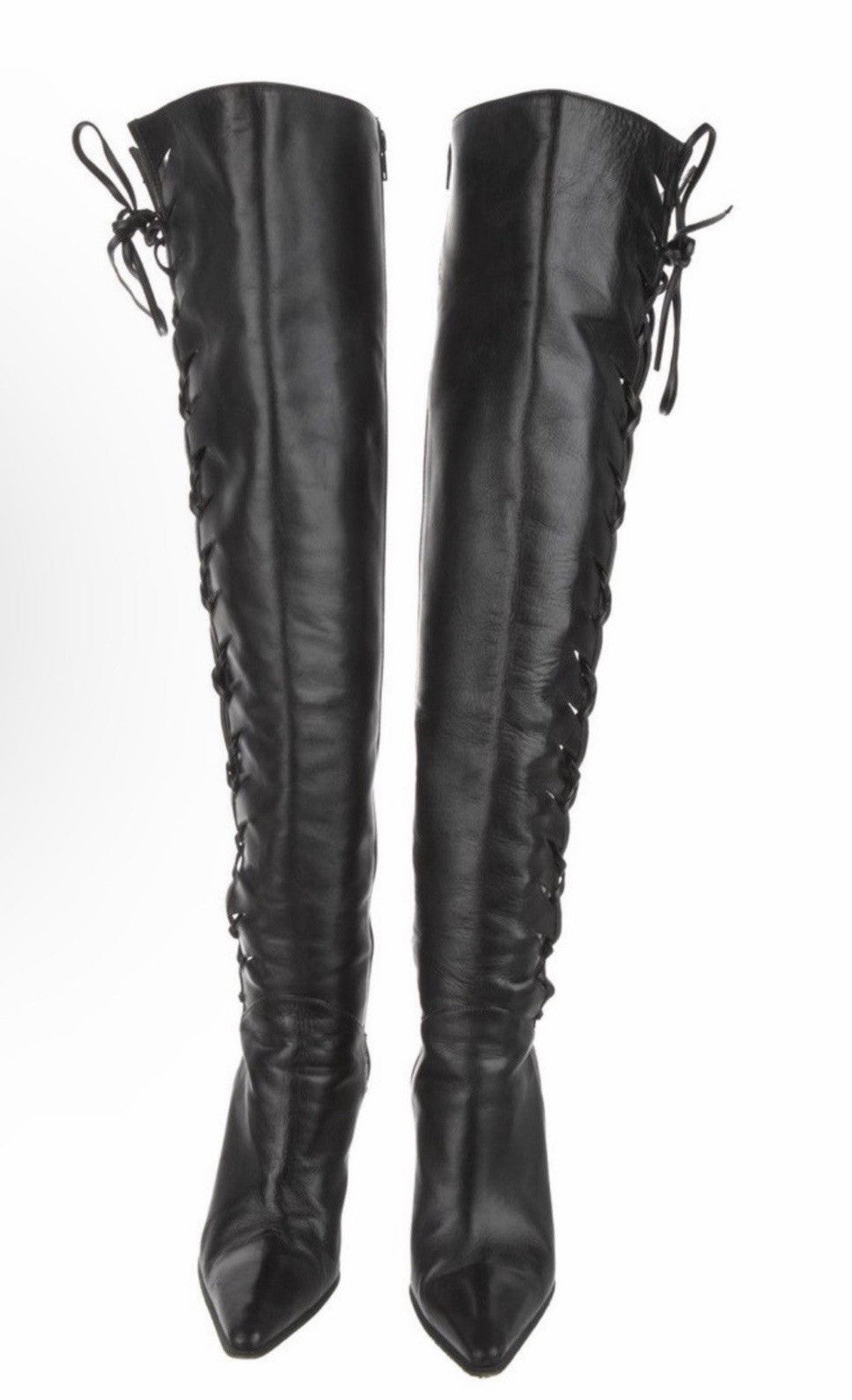 Manolo Blahnik Black Leather Knee High Lace-Up Pointed Toe Boots EU 39