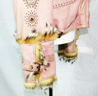 Leather Light Pink Shearling Jacket with Gold Tone Trim Size 42