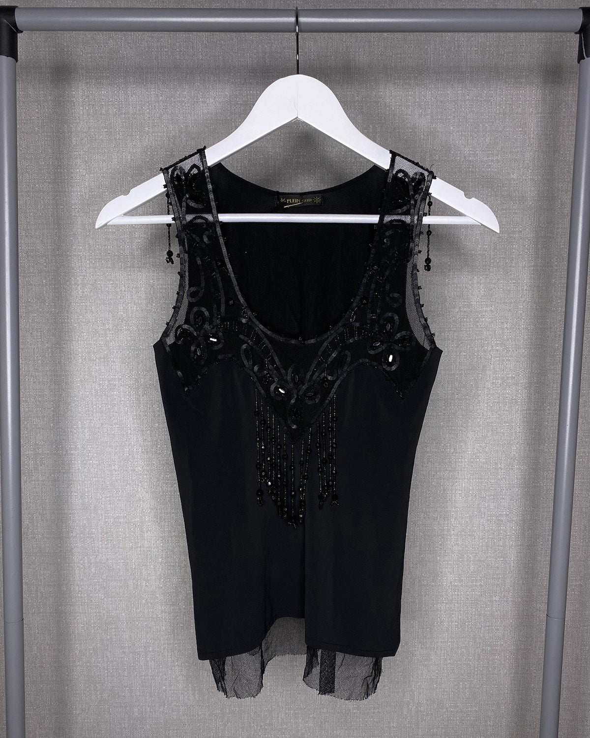 Plein Sud Women's Long Lace Top with Rhinestones Black Size 38