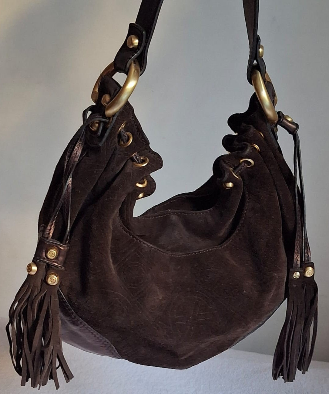 Francesco Biasia Brown Leather and Suede Medium Shoulder Bag with Tassels