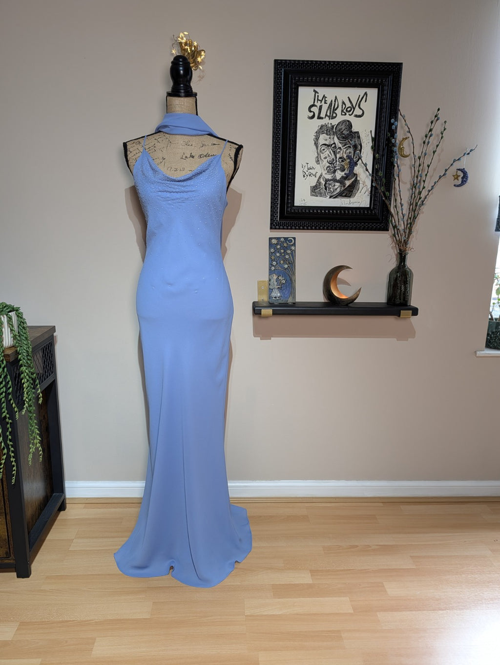 90s Y2K Light Cornflower Blue Glass Beaded Bias Cut Slip Dress Size Medium