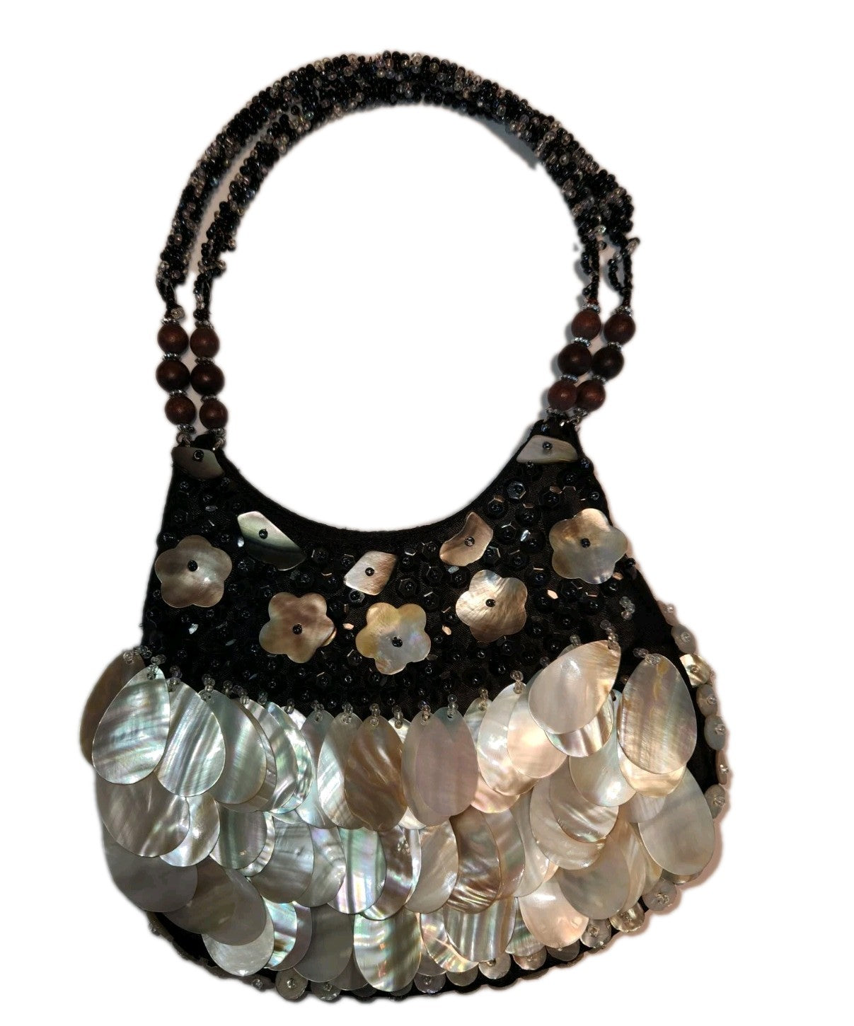 Vintage Black Satin Handbag With mother-of-pearl Shell Fringe & Beads Small 6X7"