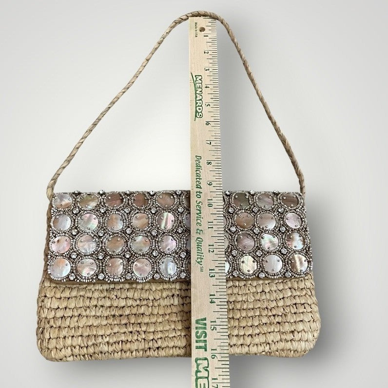 Tommy Bahama Feeling Beachy Straw Shoulder Bag Shell Beaded Mother of Pearl Boho